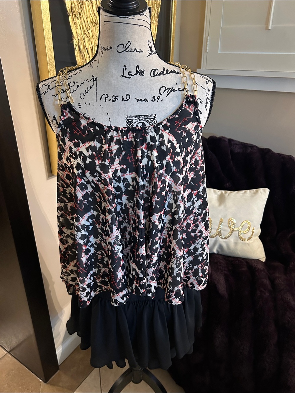 XOXO Black and Pink Abstract Chain-Strap Camisole and Skirt Set